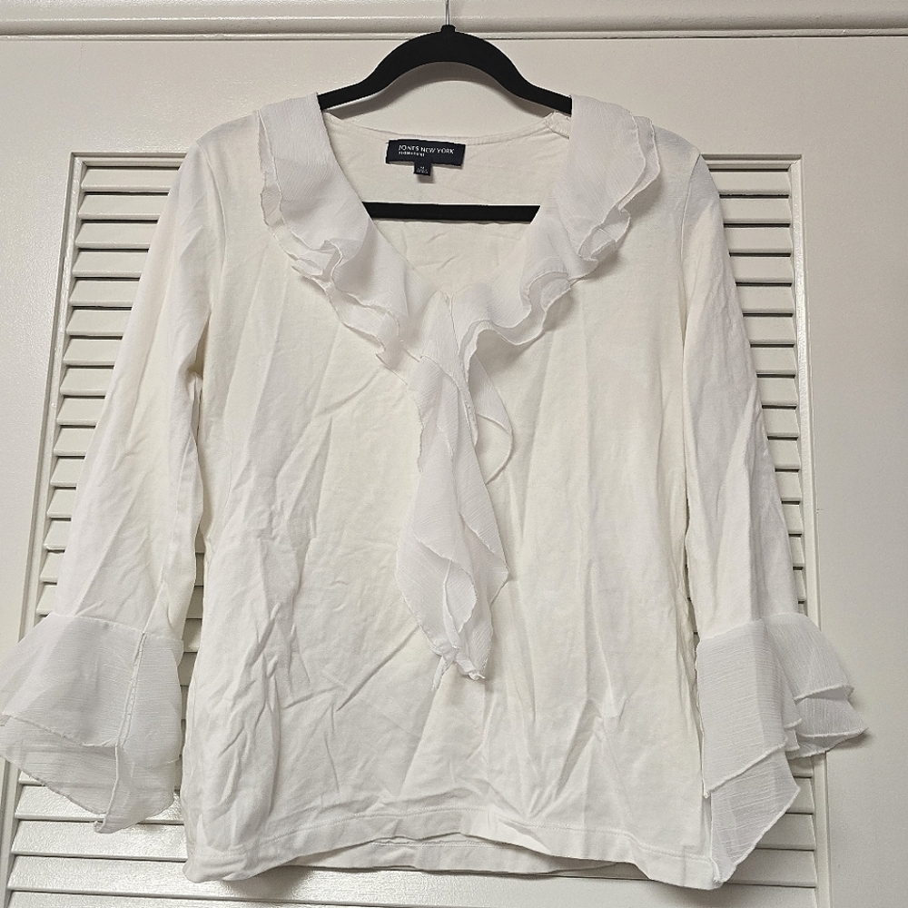 Jones New York - White Ruffle Lightweight Long-Sleeve Top